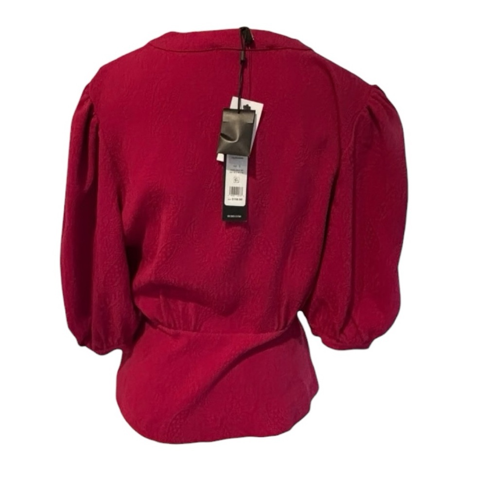 BCBGMAXAZRIA Red Wrap Blouse Puff Sleeve Peplum Top V Neck Designer Medium NWT - Picture 6 of 6